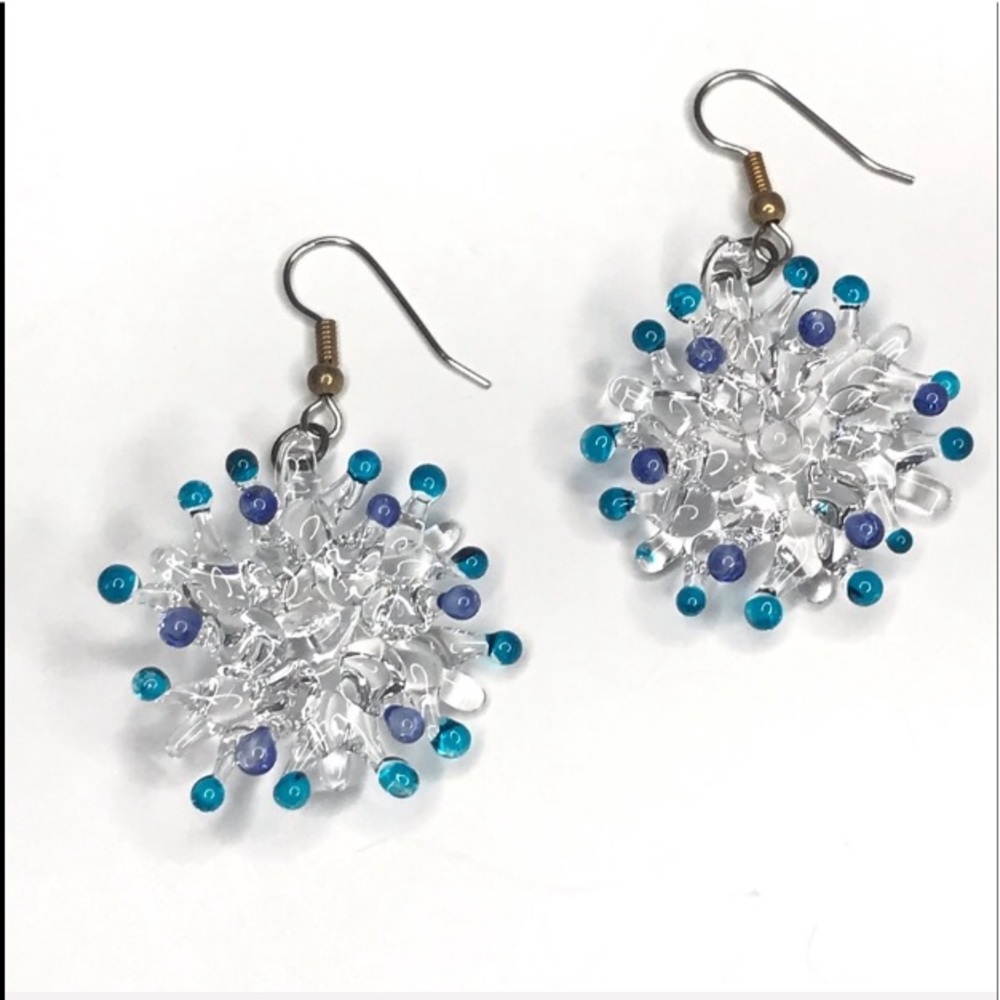 Glass Blown Earrings Pierced Clear Blue Teal